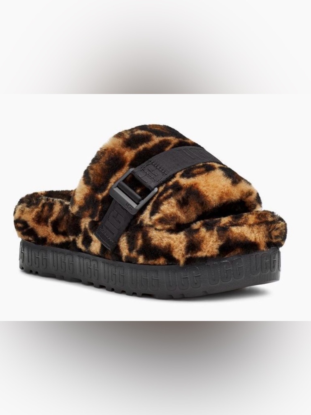 UGG Leopard Print Fuzzy Slide Mules in Brown and Black